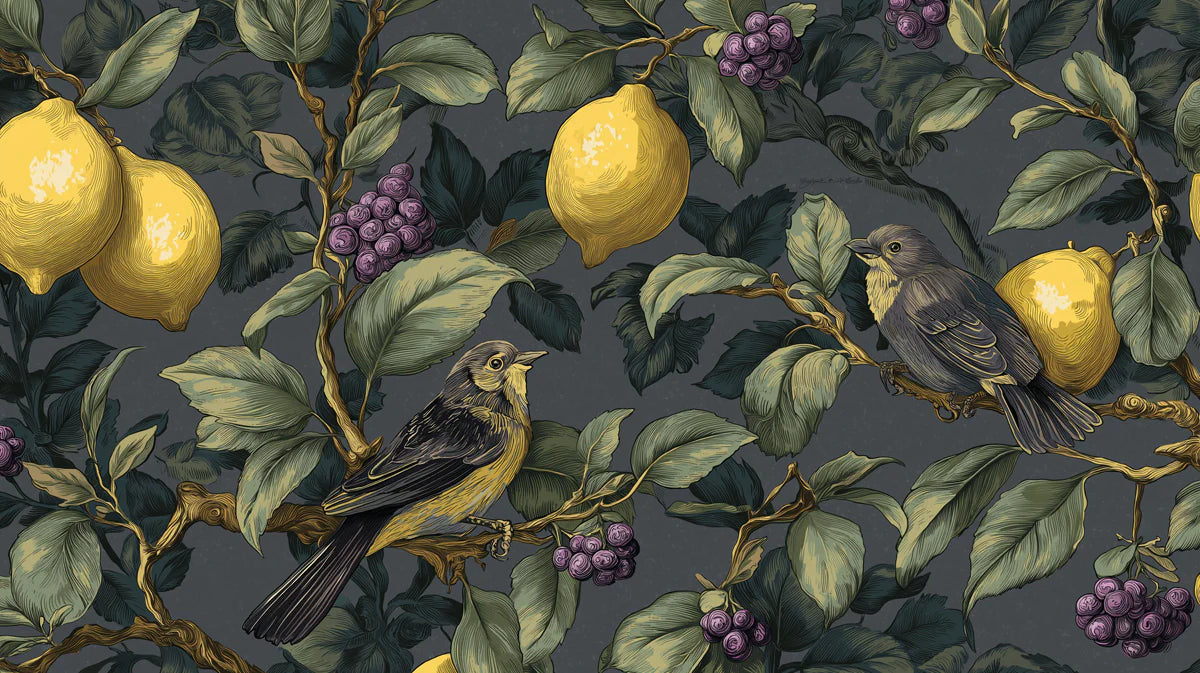 Vintage Lemon and Bird Mural Wallpaper — Charcoal Botanical Pattern Mural Wallpaper - room preview 04