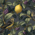 Vintage Lemon and Bird Mural Wallpaper — Charcoal Botanical Pattern Mural Wallpaper - room preview 04