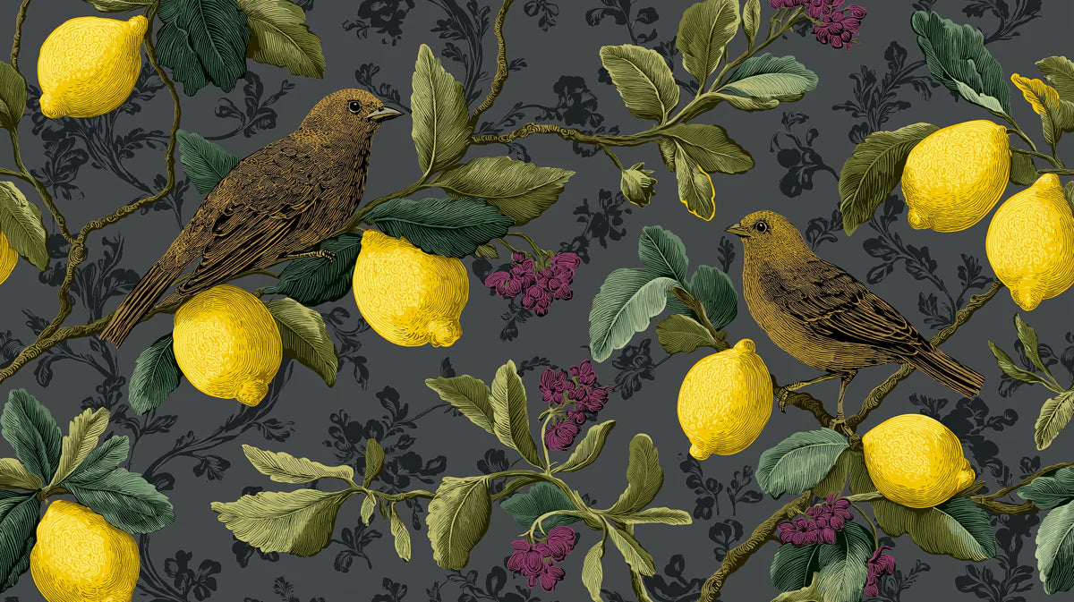 Vintage Lemon and Songbird Mural Wallpaper in Dark Charcoal Mural Wallpaper - room preview 04
