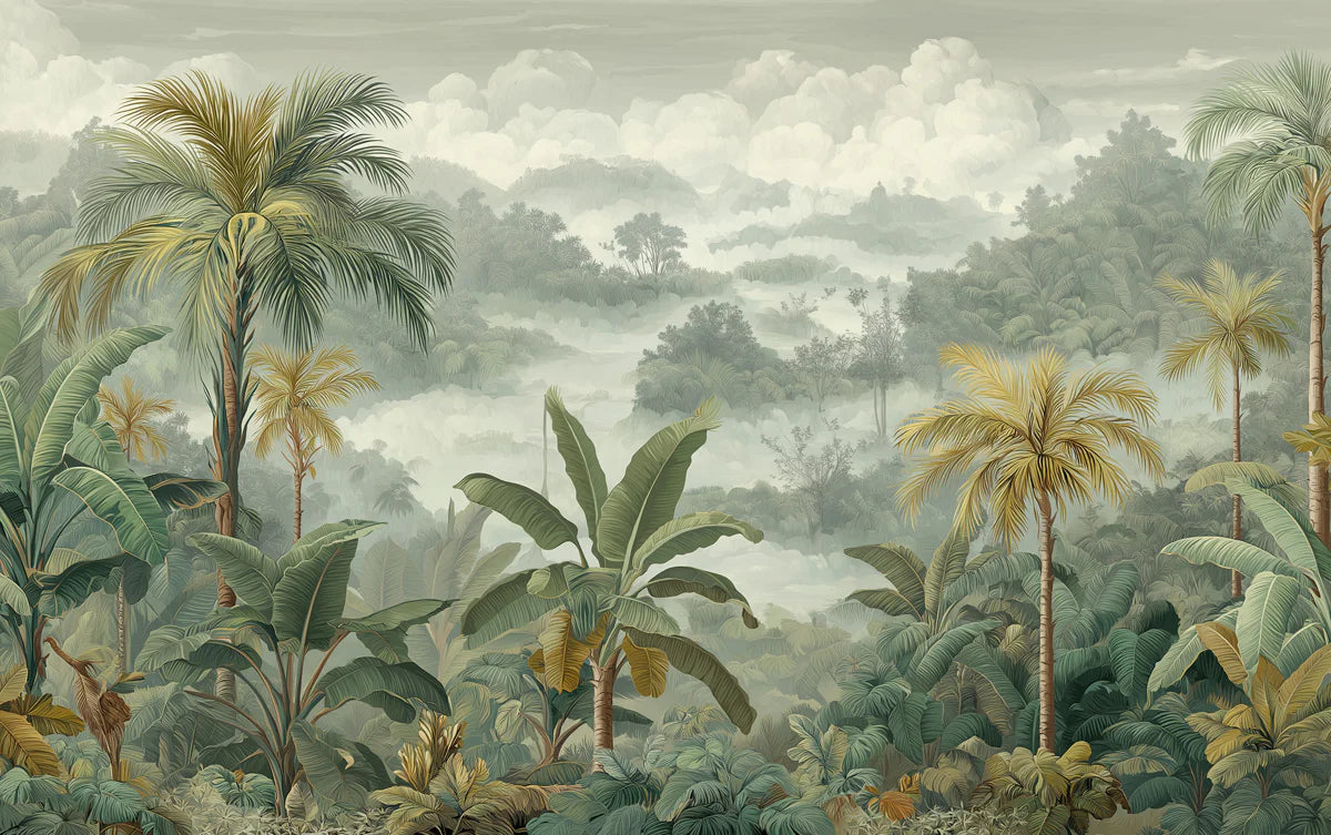 Misty Tropical Mountain Mural Wallpaper — Vintage Botanical Landscape Mural Wallpaper - room preview 04