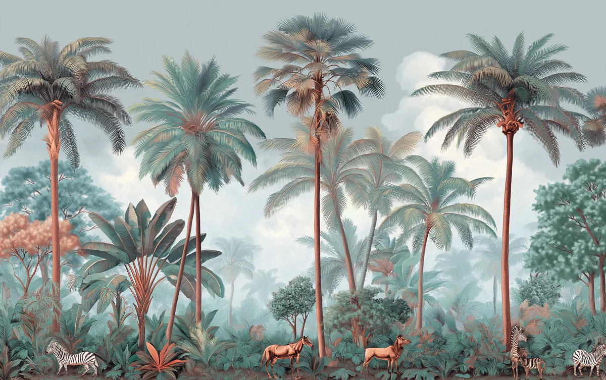 Vintage Tropical Wildlife Mural Wallpaper — Mist Forest Landscape Mural Wallpaper - room preview 04