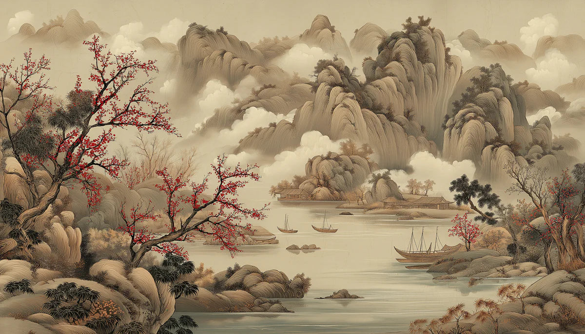 Chinese Landscape Mural Wallpaper with Red Plum Blossom Art Mural Wallpaper - room preview 04