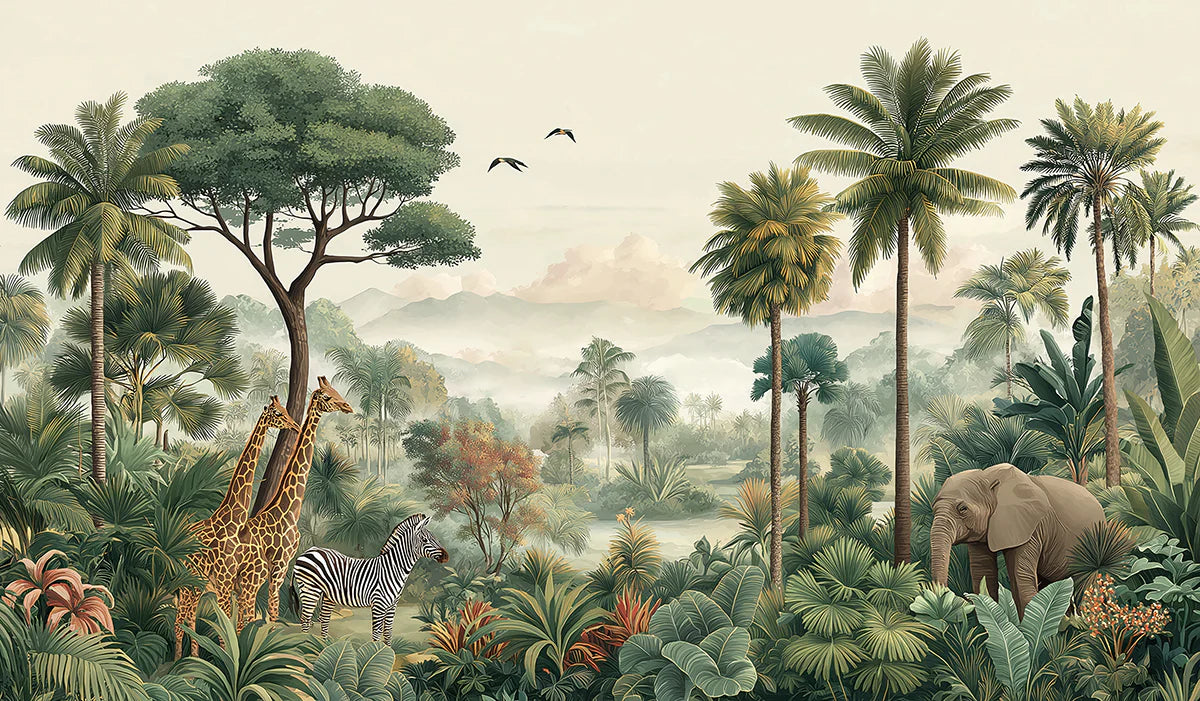 Safari Wildlife Mural Wallpaper — Vintage Tropical Landscape Mural Wallpaper - room preview 04