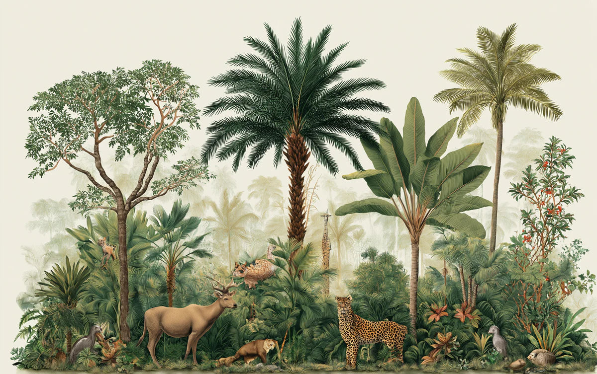Vintage Tropical Jungle Mural Wallpaper with Exotic Wildlife Mural Wallpaper - room preview 04