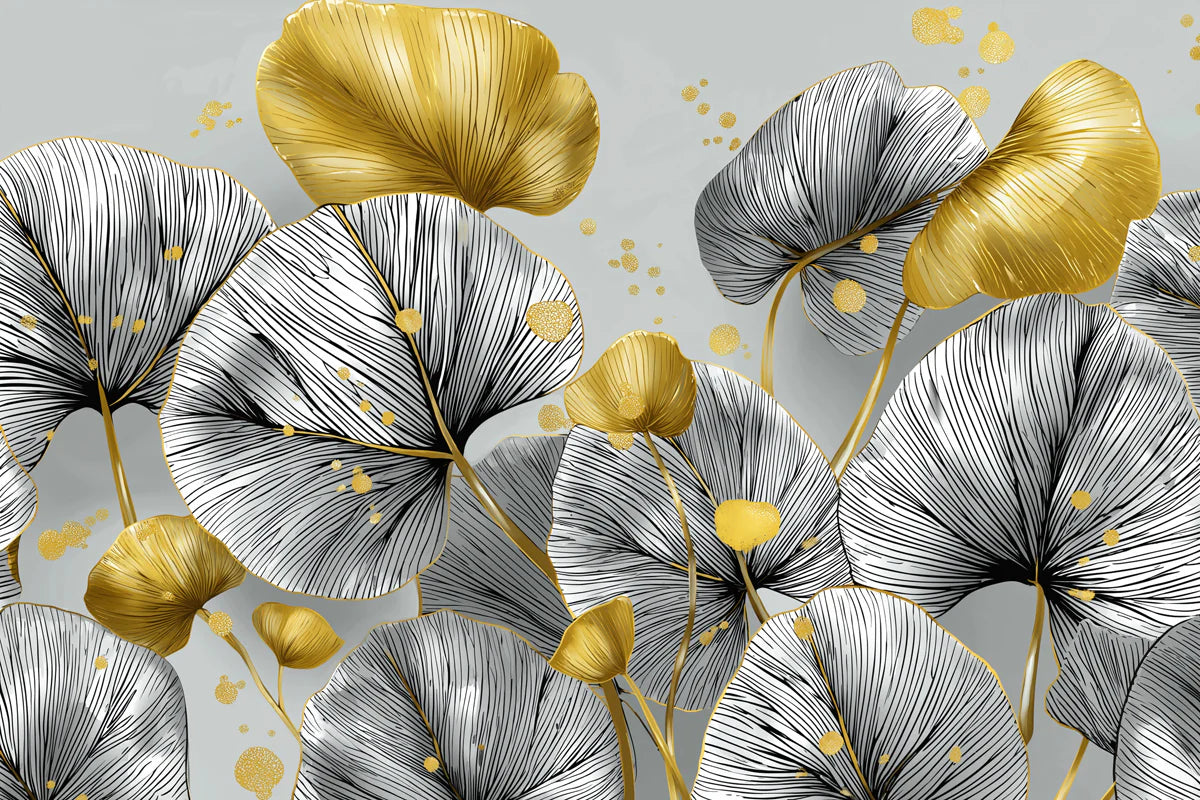 Gilded Round Leaf Botanical Mural Wallpaper — Modern Monochrome Mural Wallpaper - room preview 04