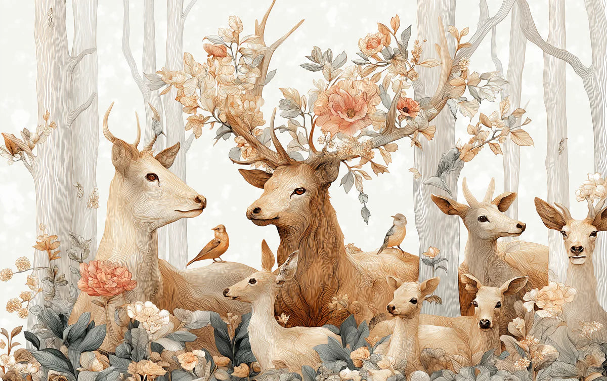 Floral Deer Meadow Mural Wallpaper — Whimsical Woodland Design Mural Wallpaper - room preview 04