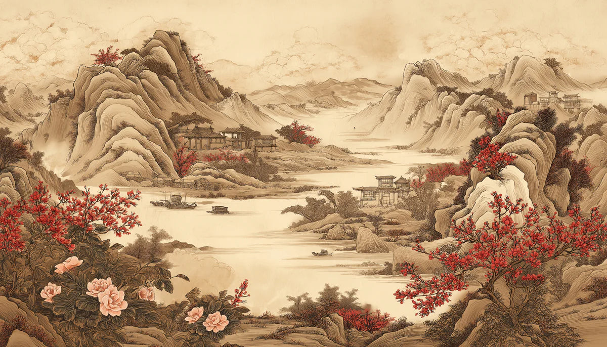 Vintage Chinese River Landscape Mural Wallpaper with Red Florals Mural Wallpaper - room preview 04