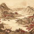 Vintage Chinese River Landscape Mural Wallpaper with Red Florals Mural Wallpaper - room preview 04