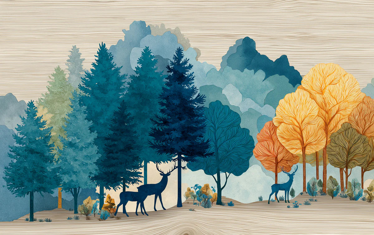 Abstract Deer Forest Mural Wallpaper — Vibrant Woodland Scene Mural Wallpaper - room preview 04