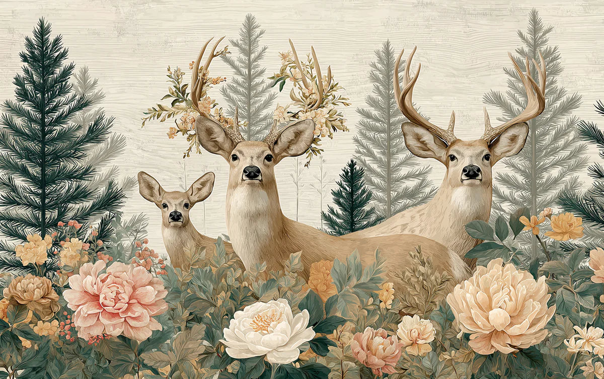 Rustic Deer and Floral Meadow Mural Wallpaper — Woodland Charm Mural Wallpaper - room preview 04