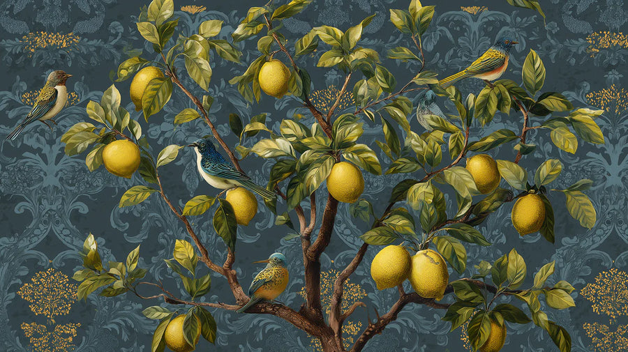 Papier peint mural Damas Citronnier — Papier peint mural botanique sarcelle et or printable artwork