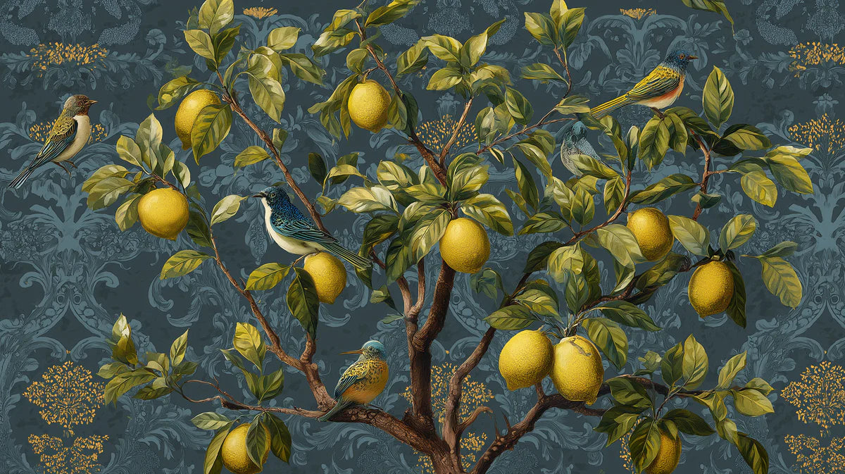 Lemon Tree Damask Mural Wallpaper —Teal and Gold Botanical Mural Wallpaper - room preview 04