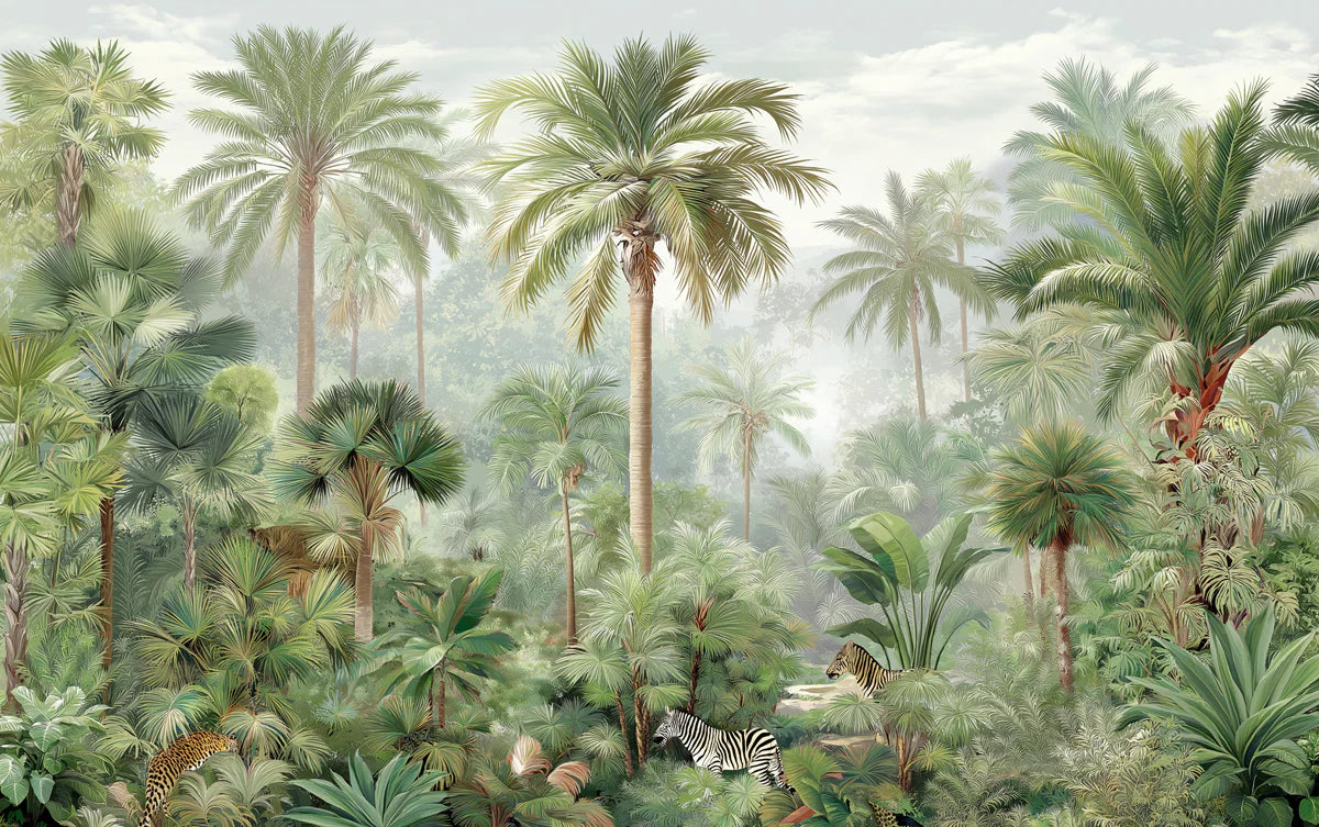 Jungle Oasis Mural Wallpaper — Misty Palm and Wildlife Scene Mural Wallpaper - room preview 04
