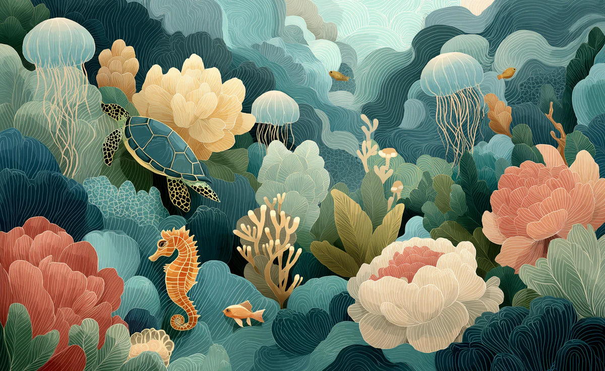 Underwater Garden Mural Wallpaper with Sea Turtle and Floral Motifs Mural Wallpaper - room preview 04