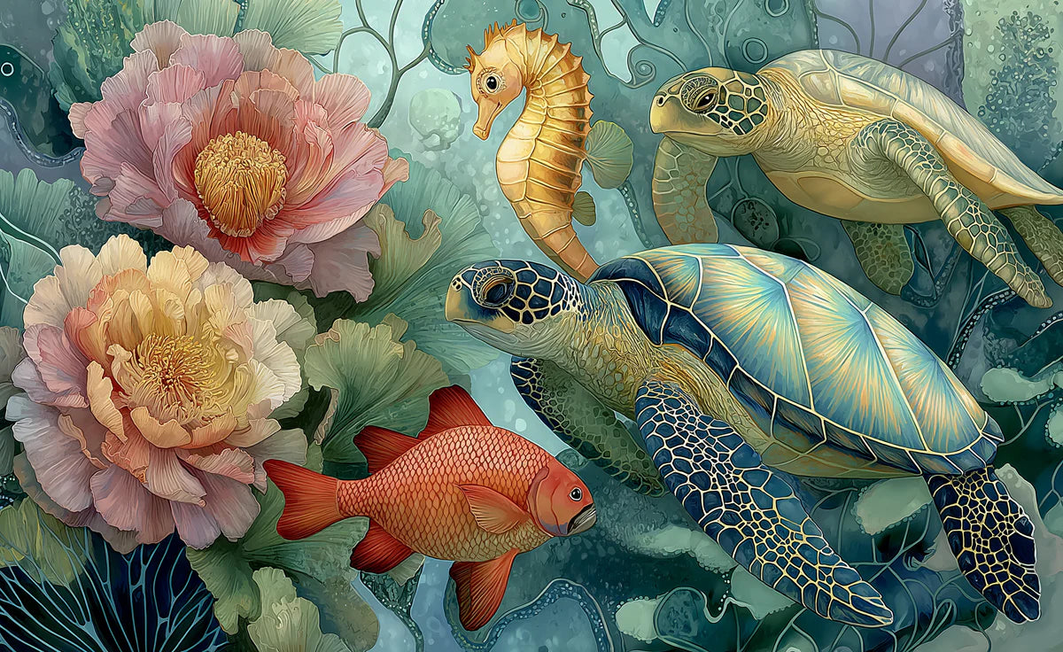 Abstract Sea Turtle Mural Wallpaper — Whimsical Ocean Motif Mural Wallpaper - room preview 04