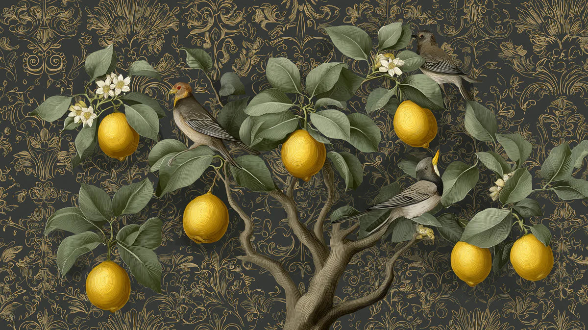 Lemon Tree Botanical Mural Wallpaper — Dark Damask Backdrop Mural Wallpaper - room preview 04