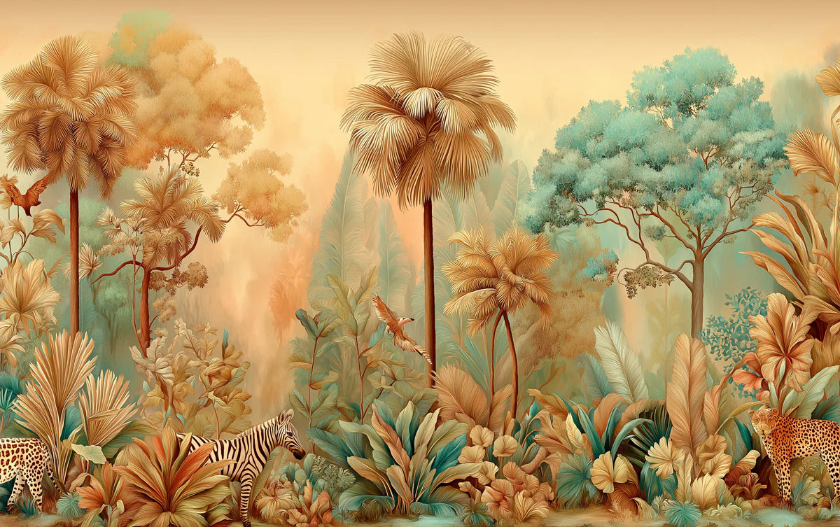 Vintage Tropical Jungle Mural Wallpaper — Sepia and Teal Motif Mural Wallpaper - room preview 04