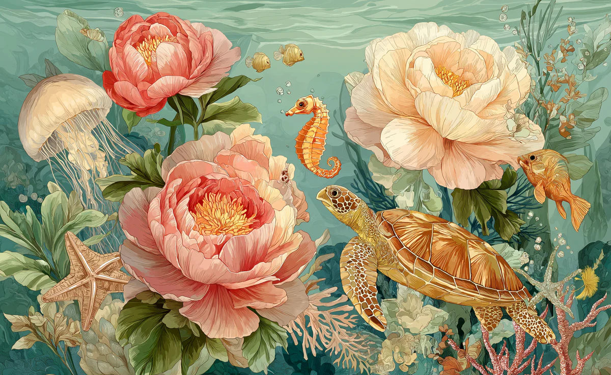 Underwater Garden Mural Wallpaper with Sea Turtle and Peony Florals Mural Wallpaper - room preview 04