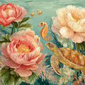 Underwater Garden Mural Wallpaper with Sea Turtle and Peony Florals Mural Wallpaper - room preview 04