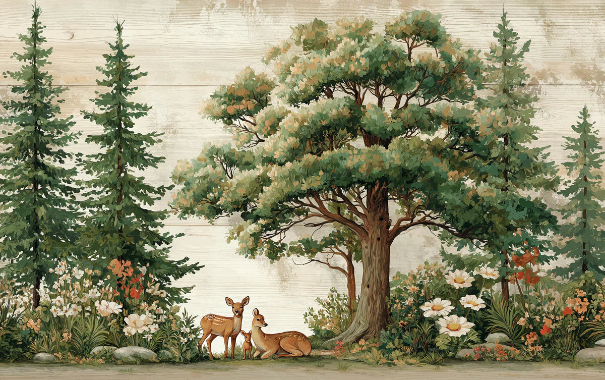Rustic Deer and Woodland Forest Mural Wallpaper —Vintage Style Mural Wallpaper - room preview 04