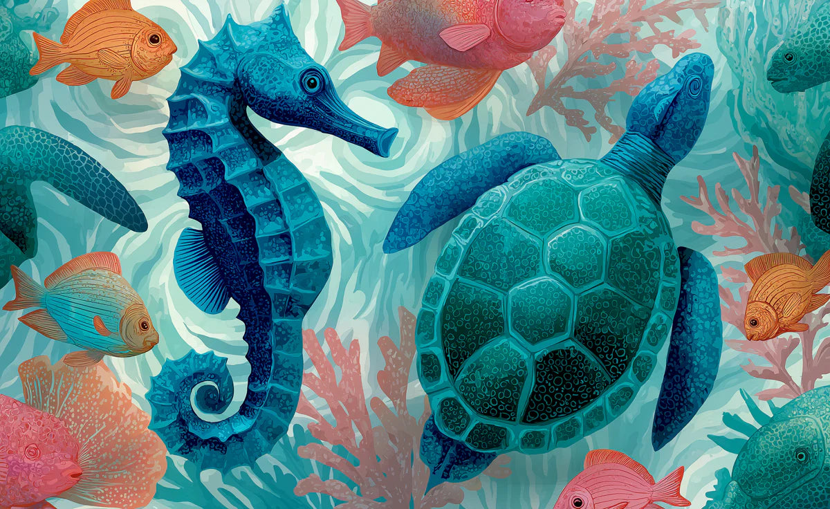 Underwater Sea Life Mural Wallpaper — Whimsical Ocean Scene Mural Wallpaper - room preview 04