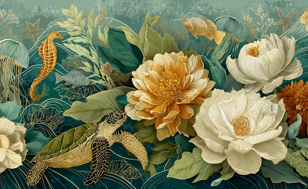 Golden Peonies and Sea Life Mural Wallpaper — Deep Teal Aquatic Scene Mural Wallpaper - room preview 04