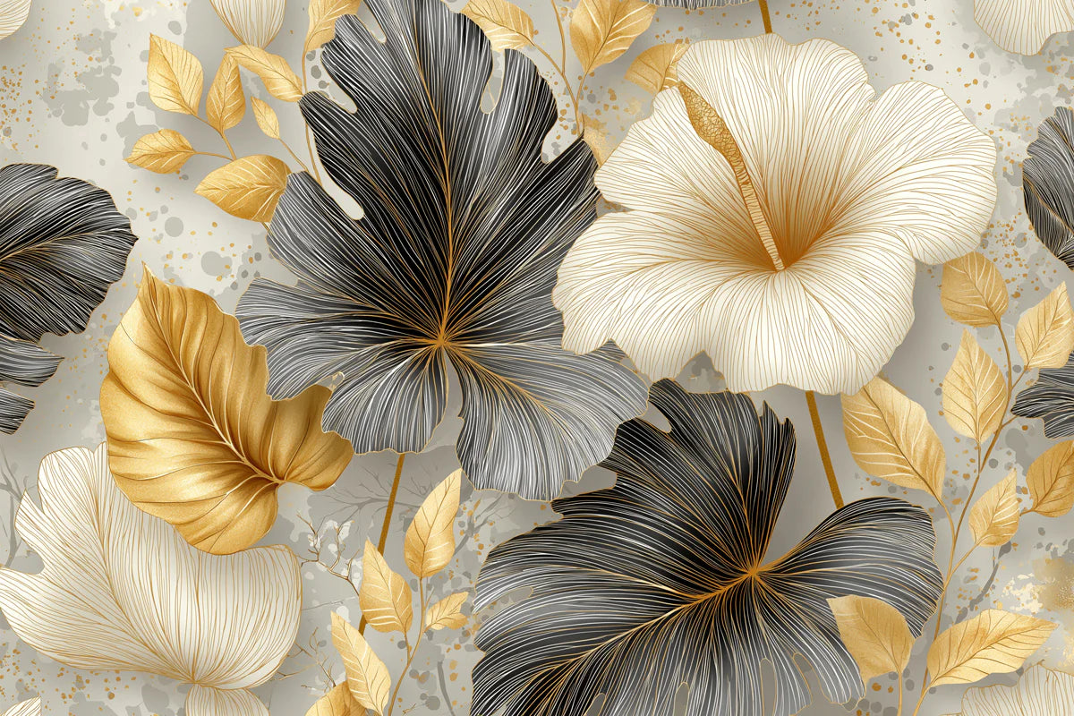 Gilded Tropical Floral Mural Wallpaper — Modern Metallic Leaf Decor Mural Wallpaper - room preview 04