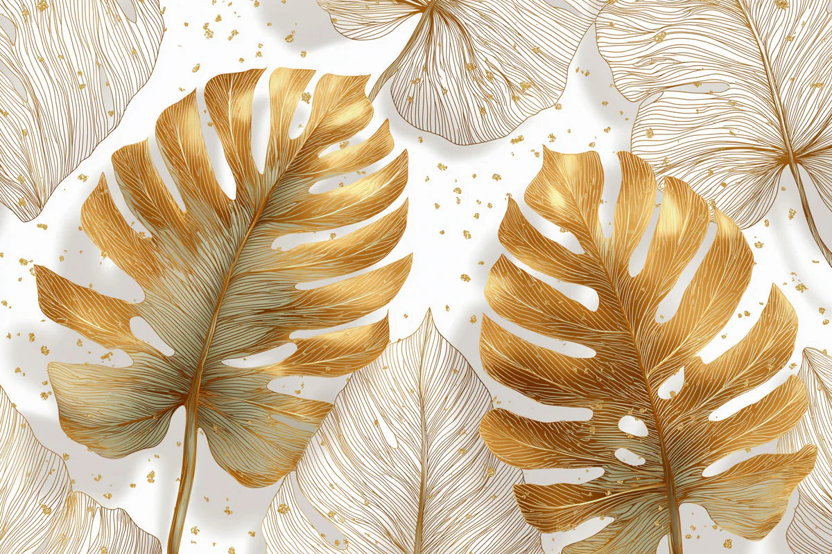 Gilded Monstera Leaf Mural Wallpaper — Modern Foliage Design Mural Wallpaper - room preview 04