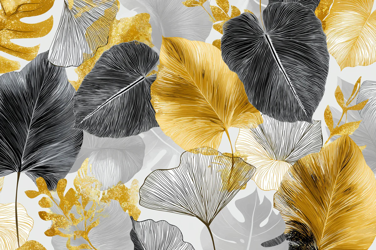 Gilded Tropical Foliage Mural Wallpaper — Modern Luxe Design Mural Wallpaper - room preview 04