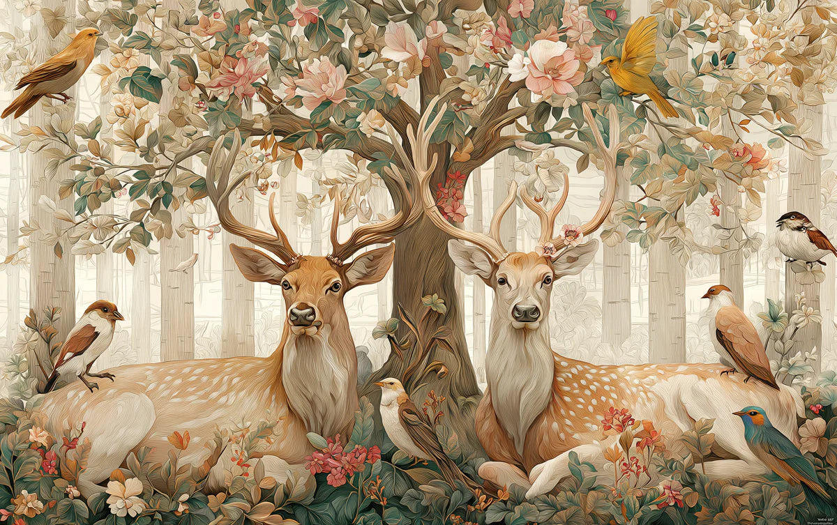 Stag and Songbird Woodland Mural Wallpaper in Soft Earth Tones Mural Wallpaper - room preview 04