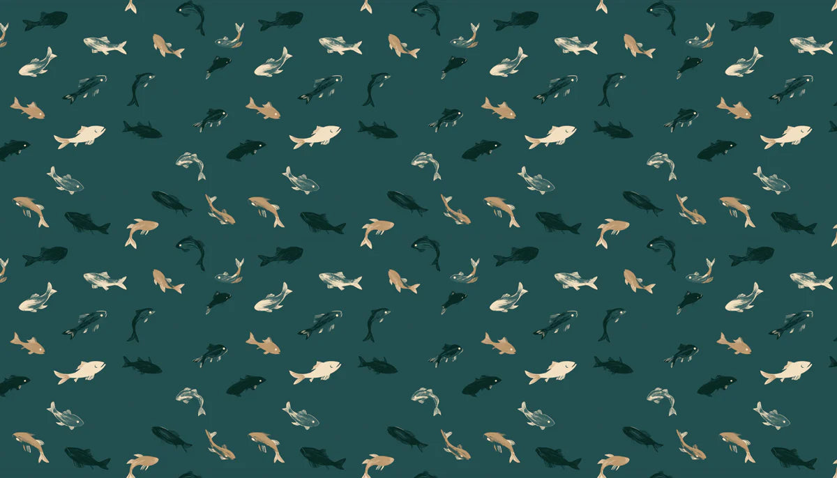 Minimalist Fish Mural Wallpaper — Deep Teal Aquatic Pattern Mural Wallpaper - room preview 04