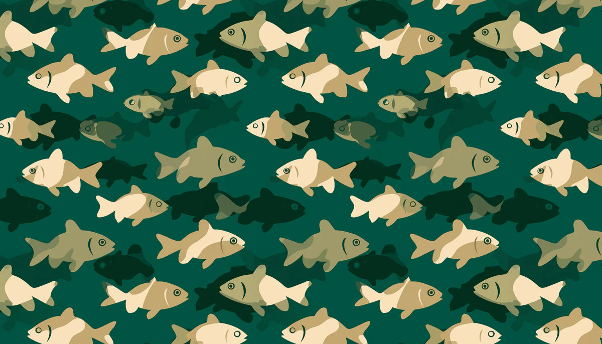 Stylized Fish Pattern Mural Wallpaper — Modern Deep Teal Print Mural Wallpaper - room preview 04