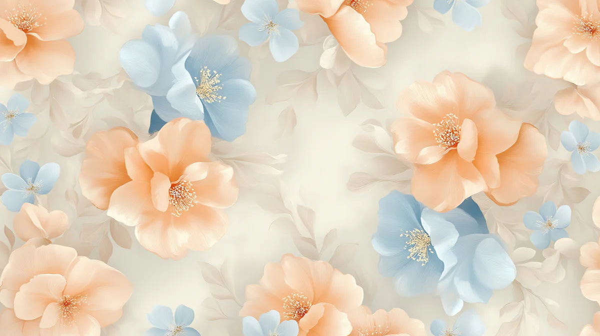 Blossom Bloom Mural Wallpaper — Soft Peach and Sky Blue Floral Mural Wallpaper - room preview 04