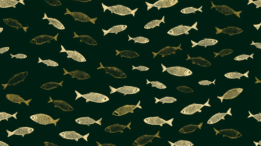 Sea Wallpaper Mural – Ocean Wall Mural – Vintage Fish Sketch —Deep Green Nautical Design printable artwork