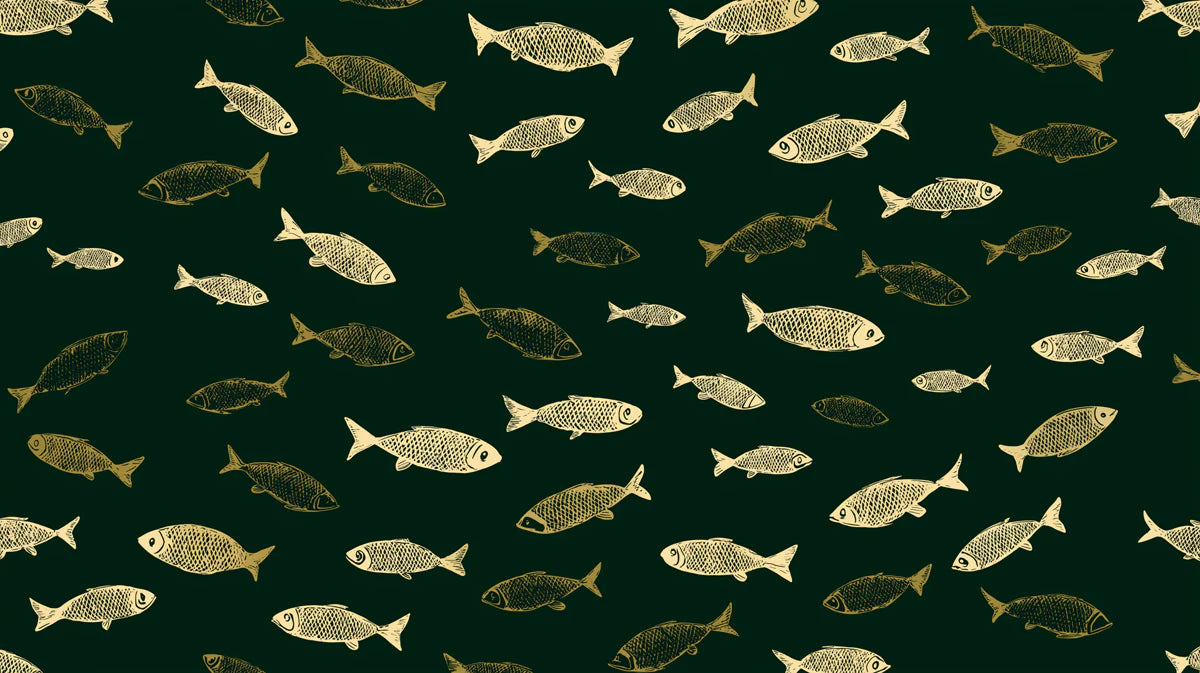 Vintage Fish Sketch Mural Wallpaper —Deep Green Nautical Design Mural Wallpaper - room preview 04