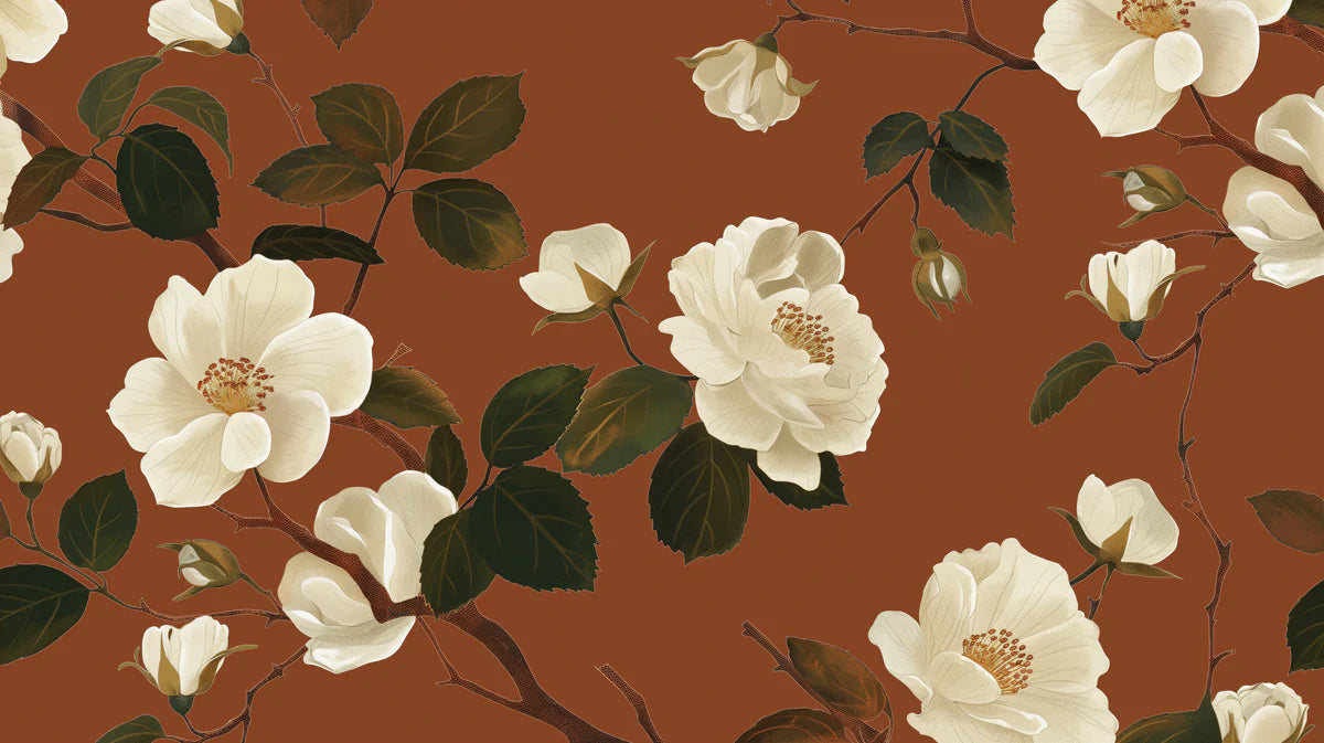 White Blossom Mural Wallpaper — Terracotta Botanical Art Mural Wallpaper - room preview 04