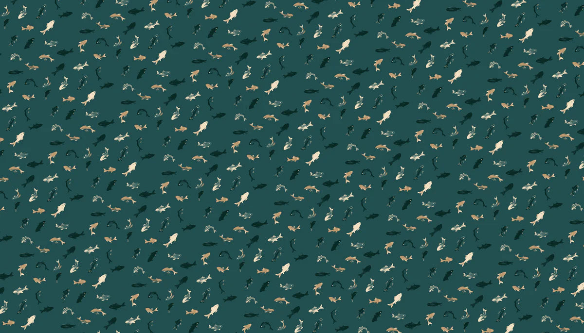 Abstract Shoal Fish Mural Wallpaper — Modern Deep Teal Marine Print Mural Wallpaper - room preview 04