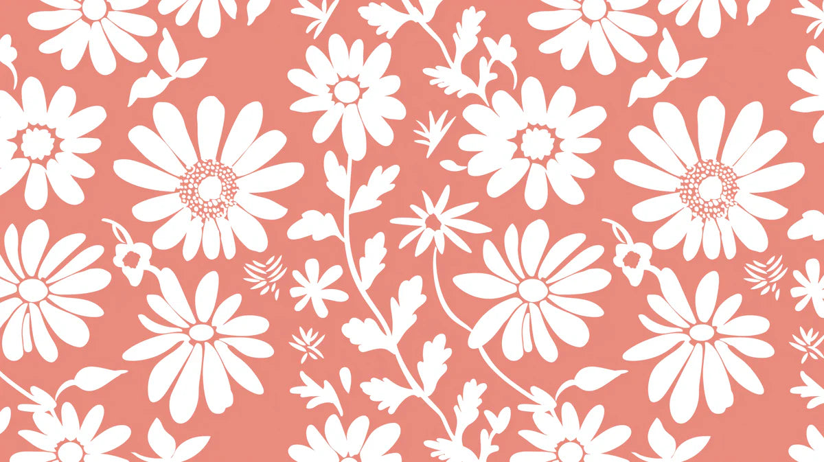 Retro Daisy Floral Mural Wallpaper —Bright Coral and White Mural Wallpaper - room preview 04