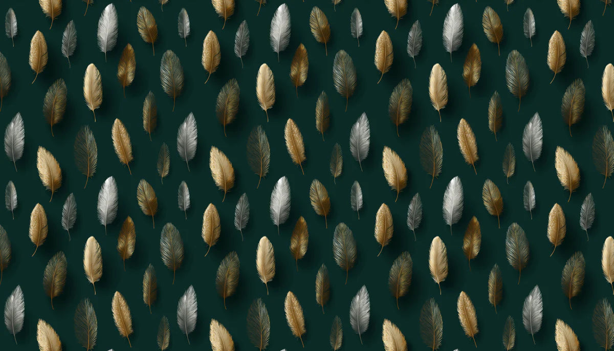 Floating Feather Mural Wallpaper — Modern Metallic Gold and Silver Mural Wallpaper - room preview 04