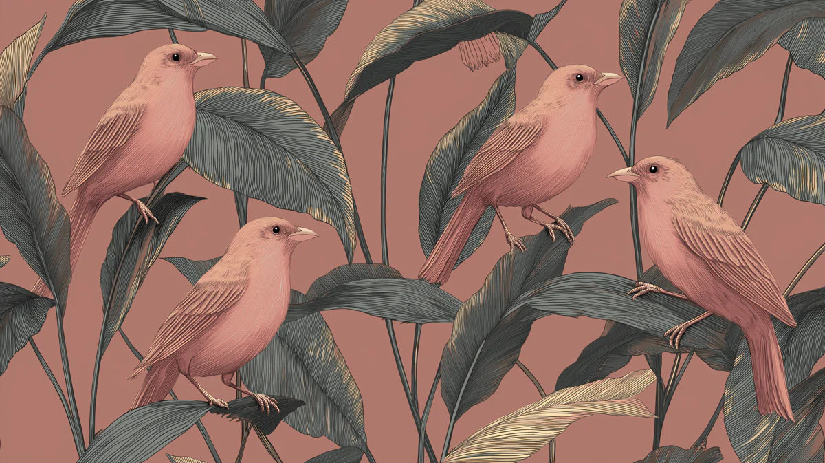 Birds and Foliage Botanical Mural Wallpaper in Dusty Rose Mural Wallpaper - room preview 04