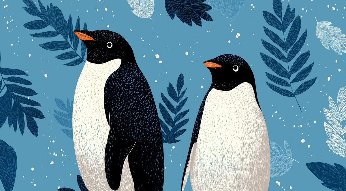 Adelie Penguin Duo Mural Wallpaper — Whimsical Blue Botanical Mural Wallpaper - room preview 04