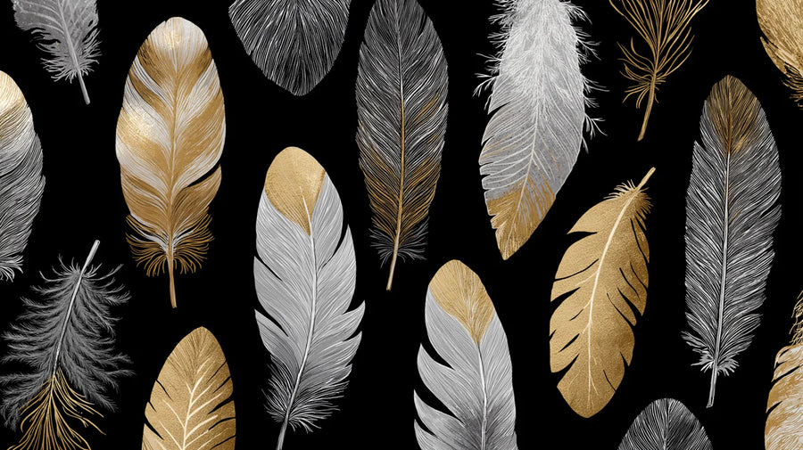 Peacock Wallpaper Mural – Bird Wall Mural – Metallic Feather — Gold and Silver on Black printable artwork