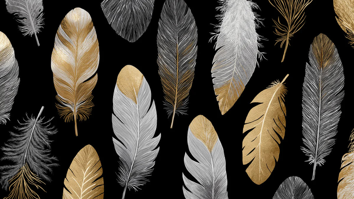 Metallic Feather Mural Wallpaper — Gold and Silver on Black Mural Wallpaper - room preview 04