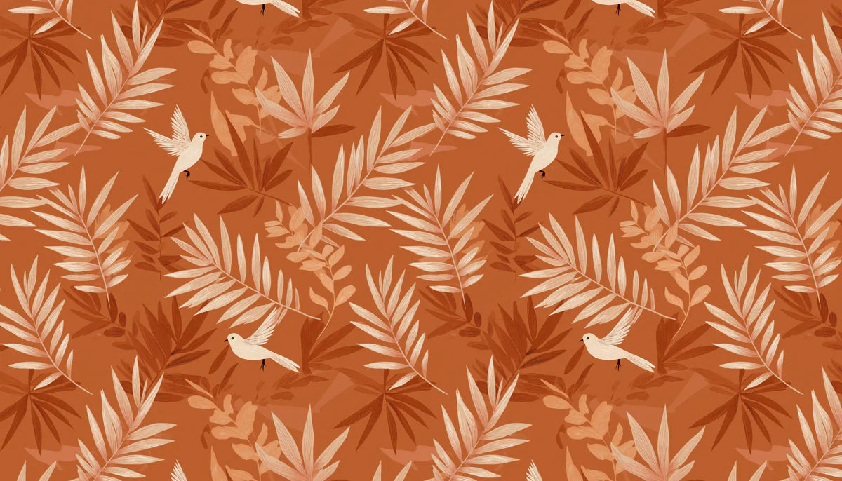 Terracotta Botanical Bird Mural Wallpaper — Artistic Nature Print Mural Wallpaper - room preview 04