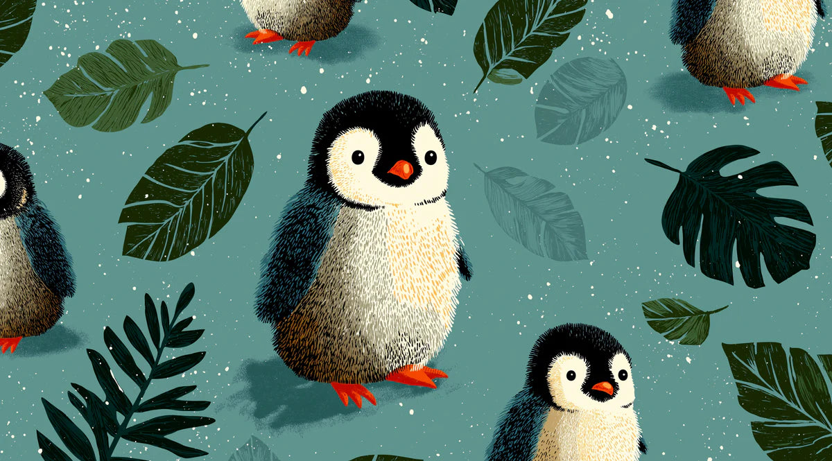 Baby Penguin Leaf Mural Wallpaper —Whimsical Arctic Pattern Mural Wallpaper - room preview 04