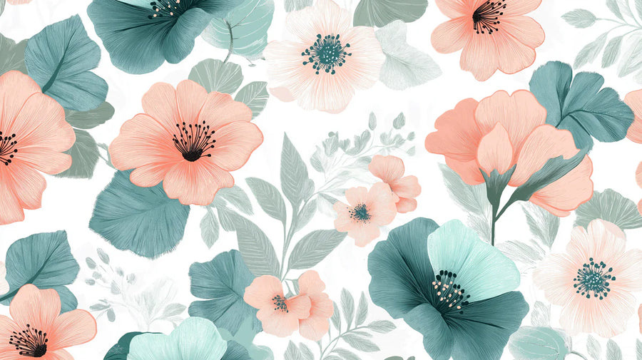 Floral Wallpaper Mural – Flower Wallpaper – Teal and Peach Floral — Painterly Botanical Design printable artwork