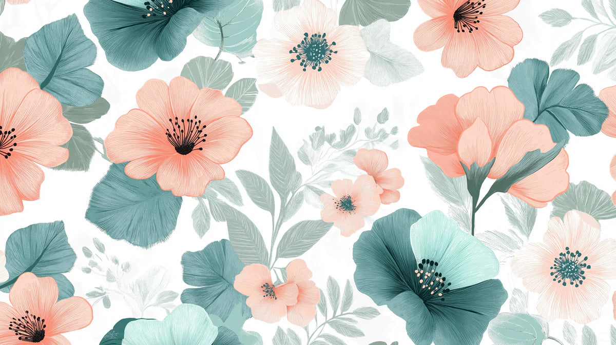 Teal and Peach Floral Mural Wallpaper — Painterly Botanical Design Mural Wallpaper - room preview 04