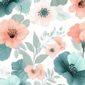 Teal and Peach Floral Mural Wallpaper — Painterly Botanical Design Mural Wallpaper - room preview 04