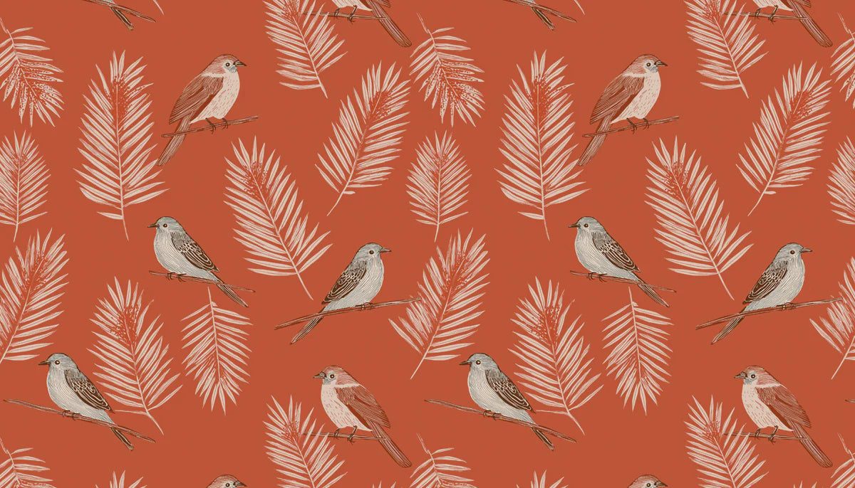 Rustic Bird and Botanical Mural Wallpaper — Warm Terracotta Mural Wallpaper - room preview 04