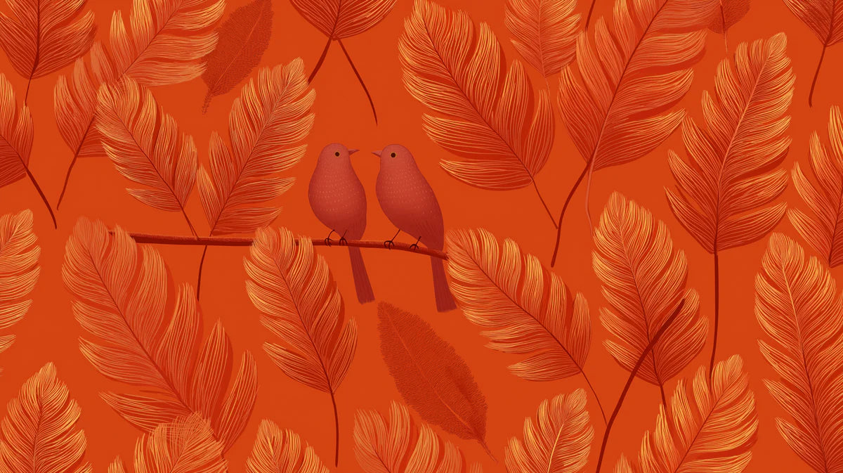 Rust Botanical Feather Mural Wallpaper with Perched Songbirds Mural Wallpaper - room preview 04